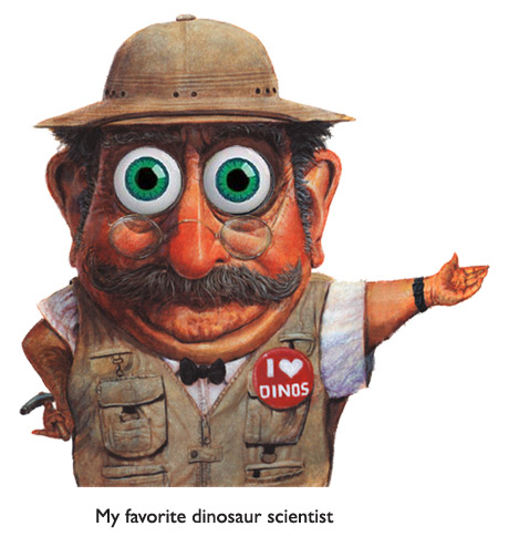 ‘Dr. Fossil Hunter’ from Ten Little Dinosaurs… the dinosaur book with wiggly eyes. Paleontologist and reptile art, courtesy Jim Harris.